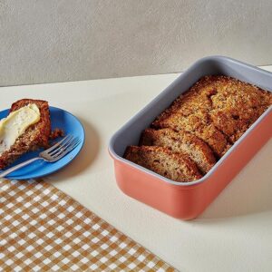 Quick bread in a terracotta ceramic pan.