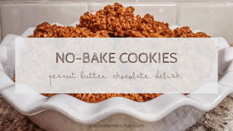 no bake chocolate peanut butter cookies in a white scalloped dish.